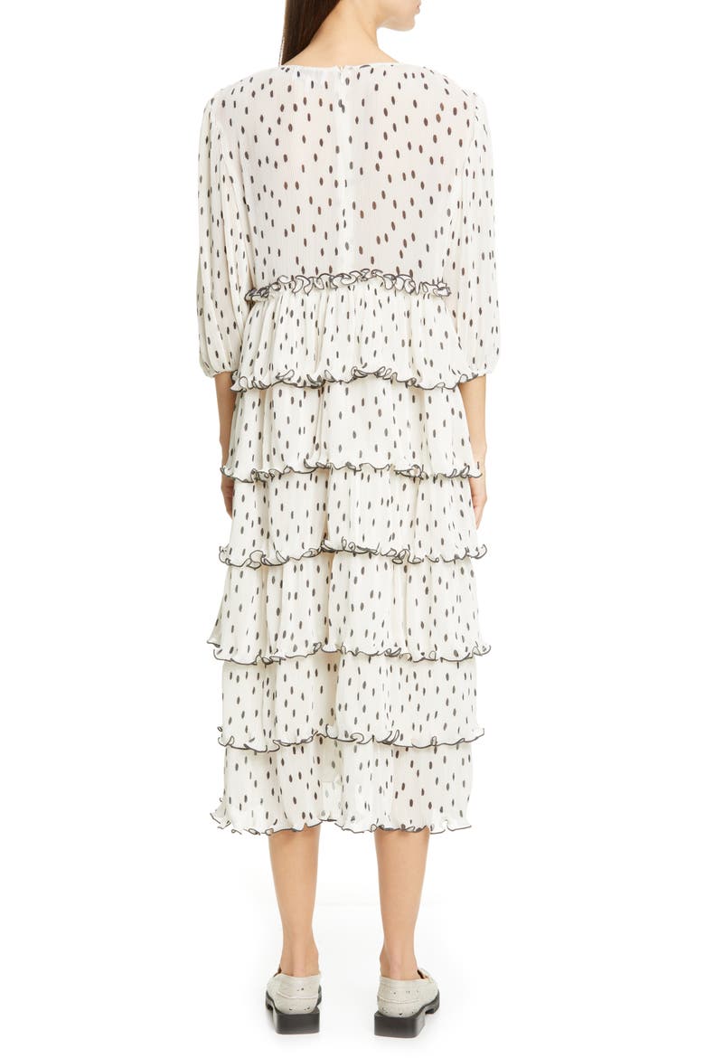 Polka Dot Tiered Long Sleeve Plissè Midi Dress, Alternate, color, EGRET