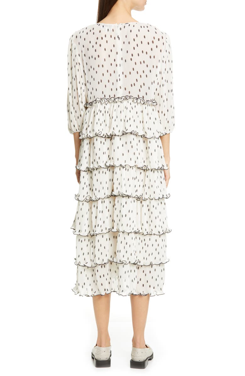 Ganni Polka Dot Tiered Long Sleeve Plissè Midi Dress, Alternate, color, 