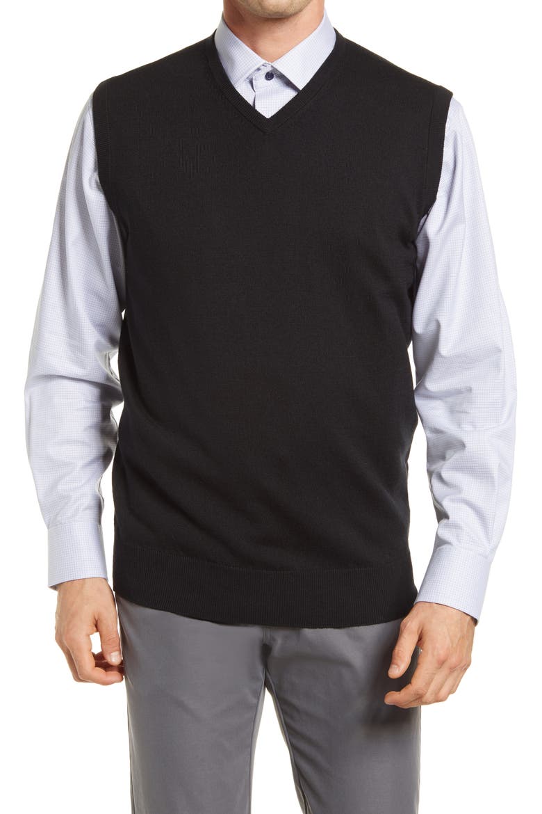 Crown Soft Merino Wool & Silk Sweater Vest, Main, color, BLACK