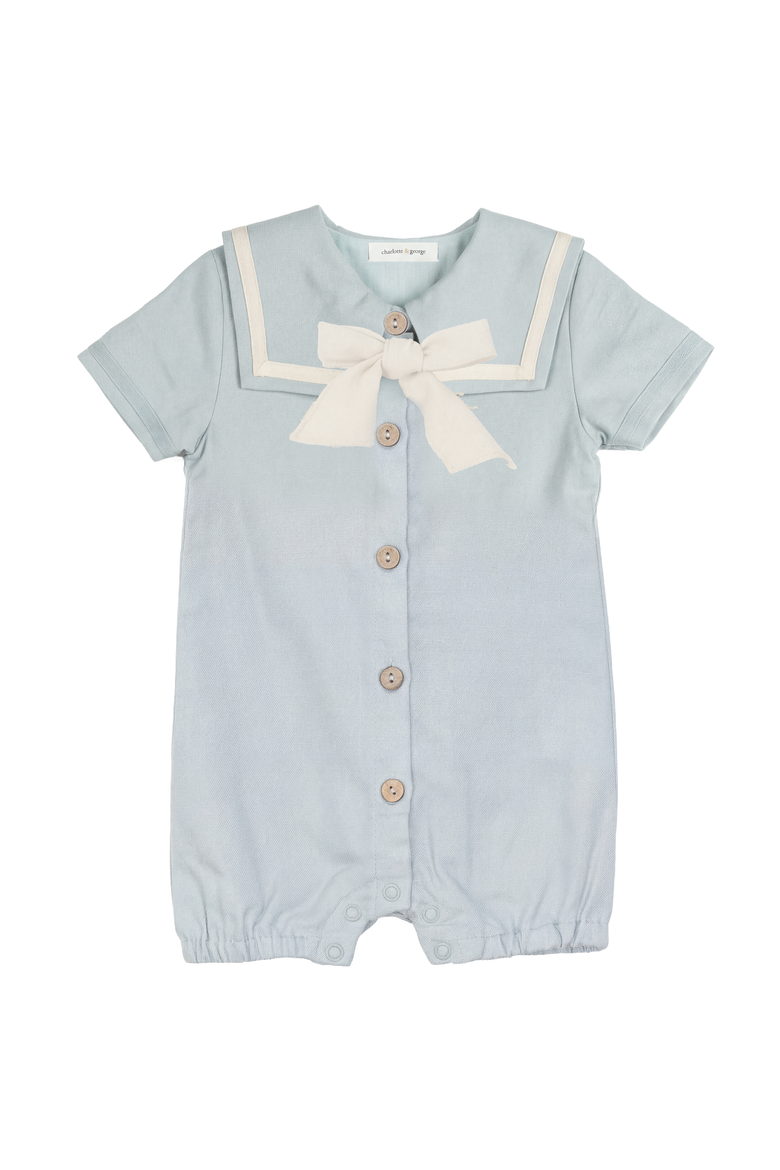 Short Puff Sleeves Romper in Woven Fabric, Main, color, Dusty Blue