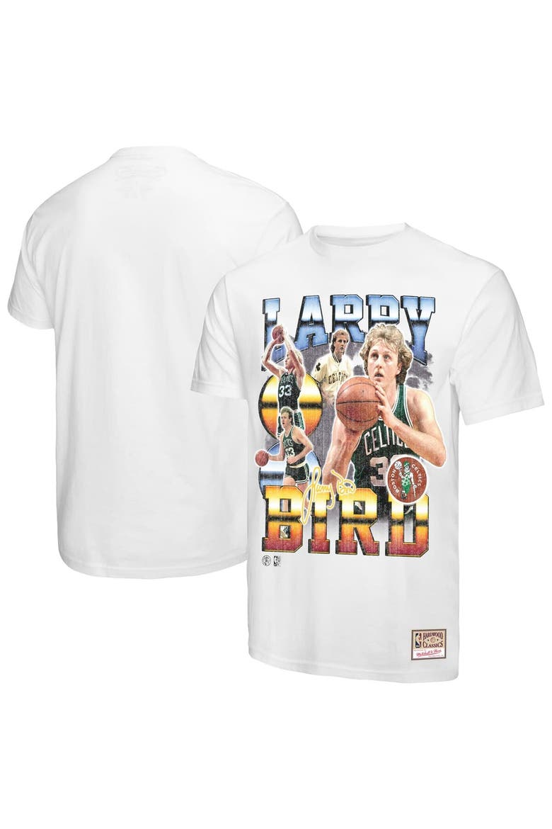 Men's Mitchell & Ness Larry Bird White Boston Celtics Commemorative Collage T-Shirt, Alternate, color, White