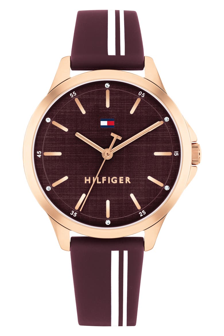Chloe Crystal Accent Silicone Strap Watch, Main, color, BURGUNDY