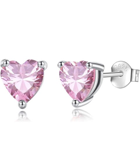 Solid Sterling Silver Created Gemstone Heart Stud Earrings