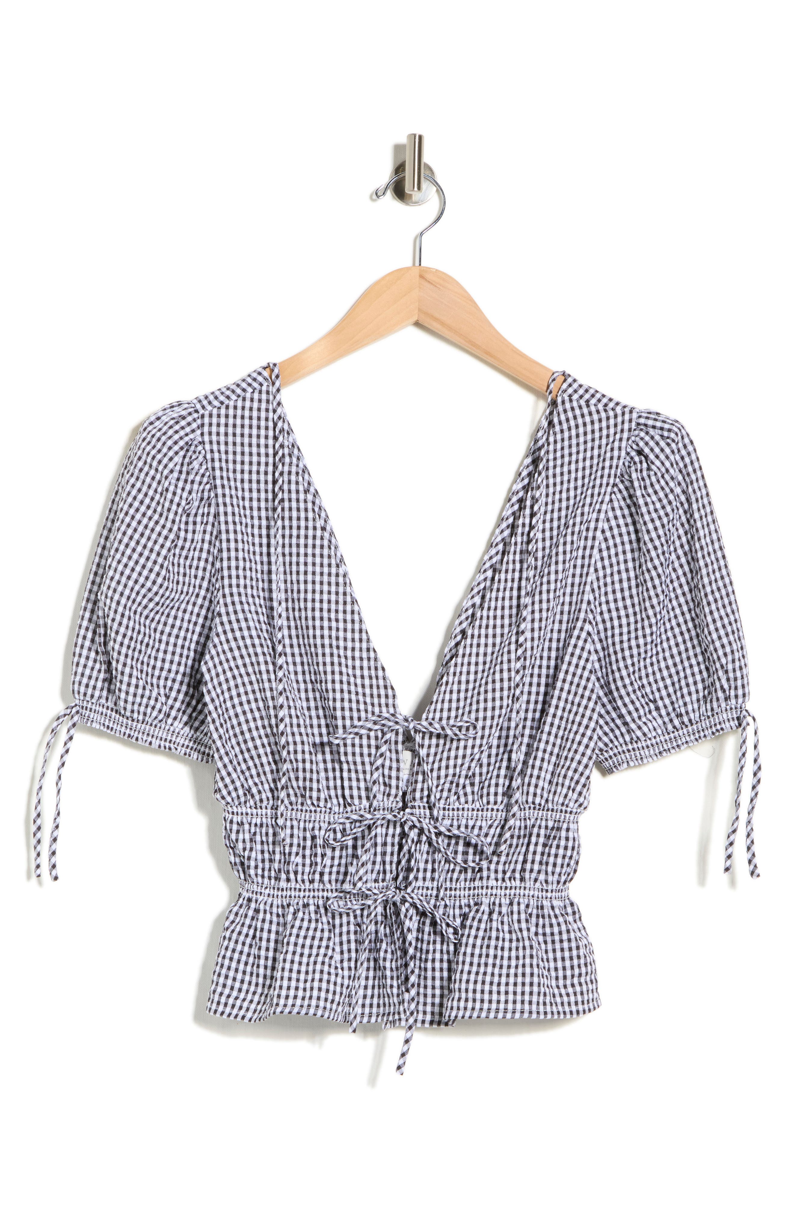 WAYF Gingham Short Sleeve Tie Front Top