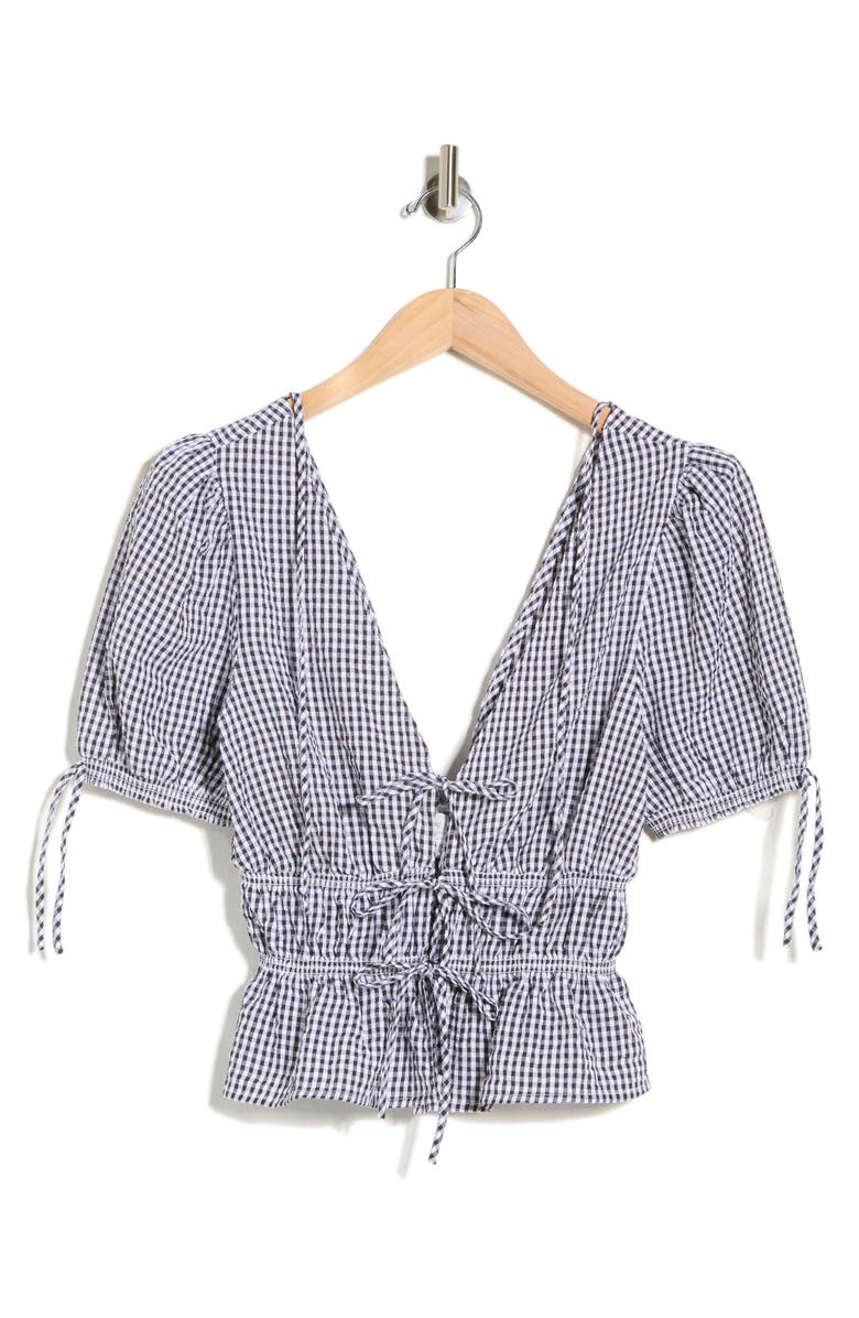 WAYF Gingham Short Sleeve Tie Front Top, Main, color, Black Seersucker