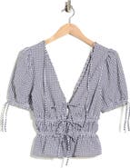 WAYF Gingham Short Sleeve Tie Front Top