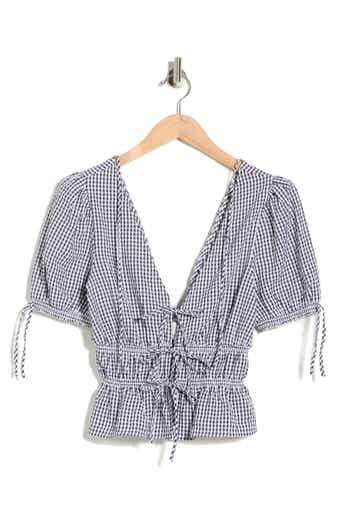 WAYF Gingham Short Sleeve Tie Front Top
