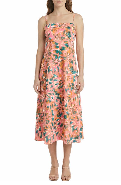 Floral Empire Waist Stretch Cotton Midi Dress