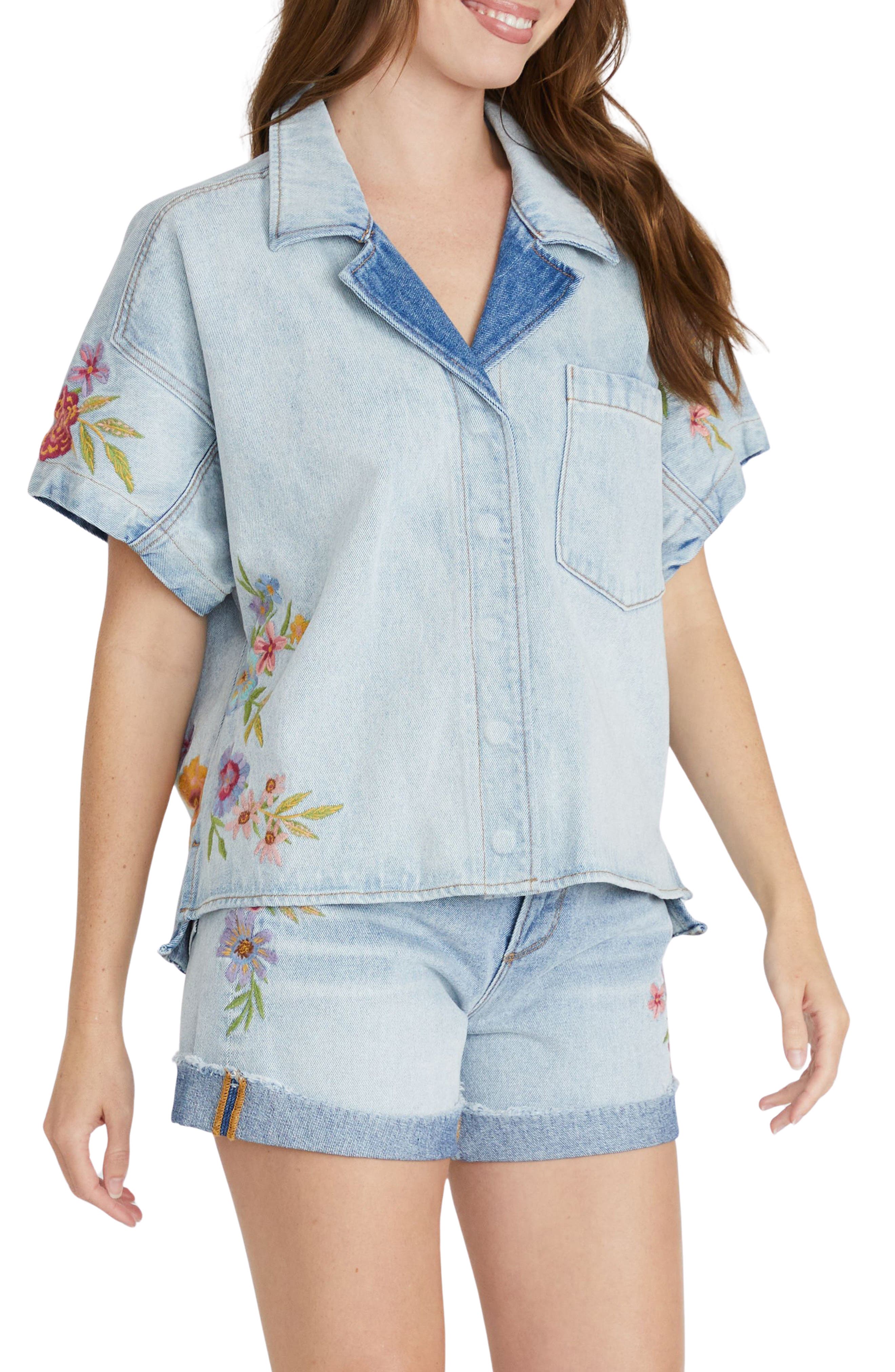 Driftwood Floral Embroidered Denim Camp Shirt