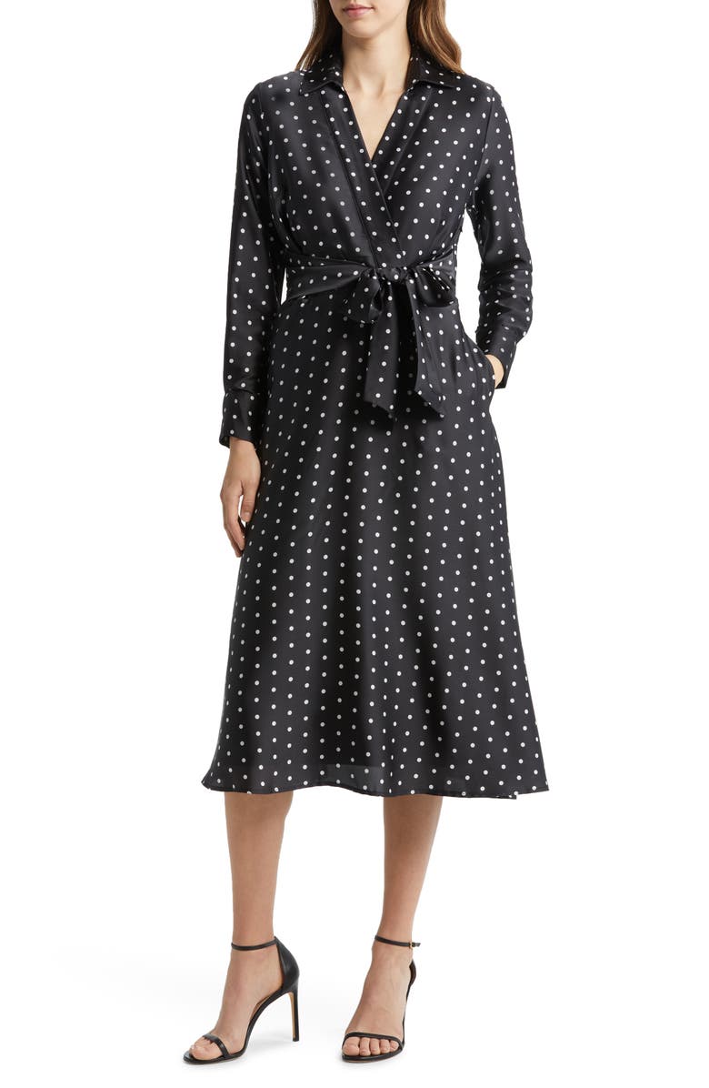 Tahari ASL Polka Dot Hammered Satin Faux Wrap Dress, Main, color, 