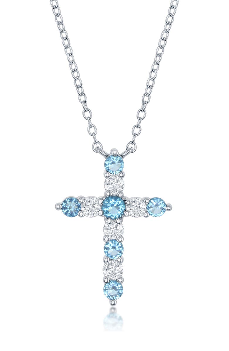 SIMONA Sterling Silver Blue & White Cubic Zirconia Cross Pendant Necklace - December Birthstone, Main, color, 