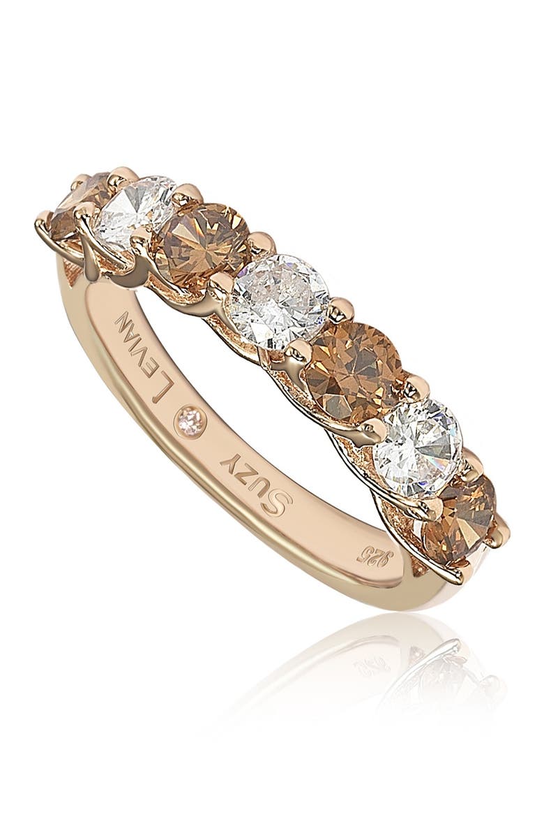 Rose-Tone Sterling Silver Prong Set Round-Cut CZ Band Ring, Main, color, BROWN