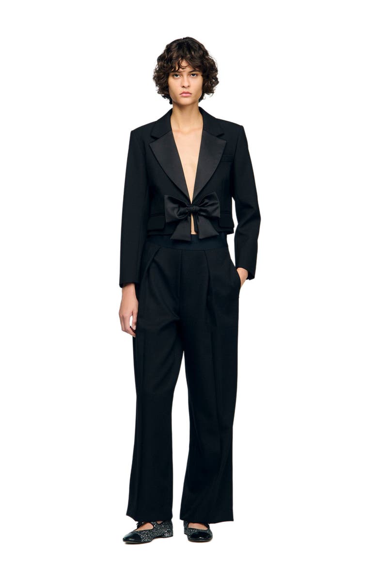 SANDRO Short satin bow jacket, Alternate, color, Black