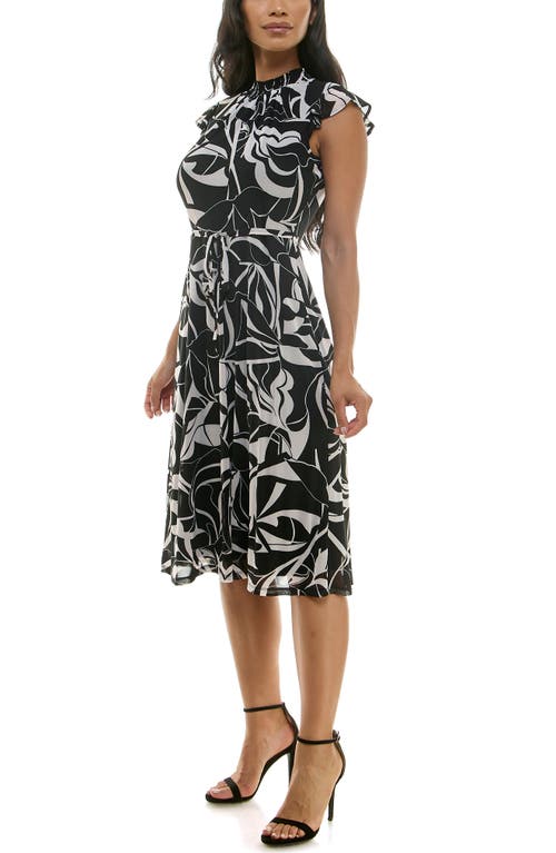 Nina Leonard Mock Neck Flutter Sleeve Midi Dress In Black/white
