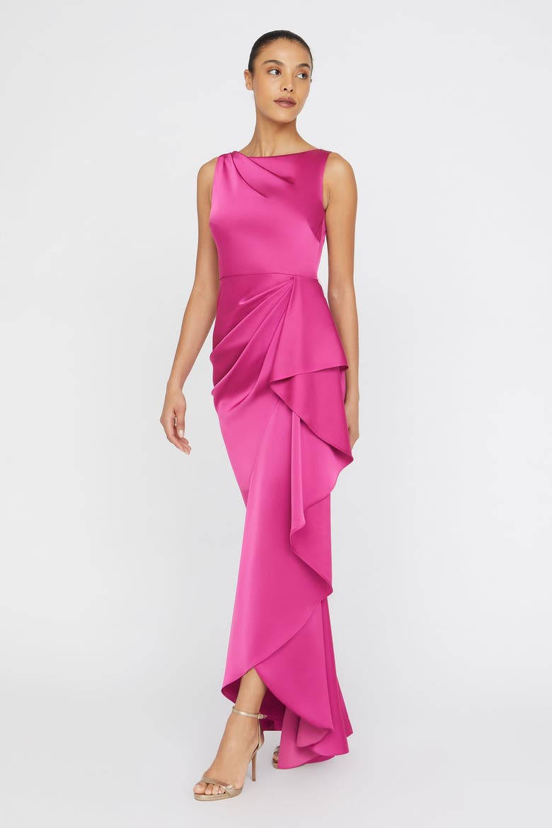Harper Draped Wrap Bateau Neck Satin Faux Wrap Gown, Alternate, color, Shadow Rose