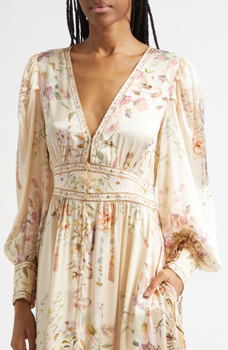 Camilla Beaded Print Long Sleeve Silk Dress, Alternate, color, Adorned In Aranjuez