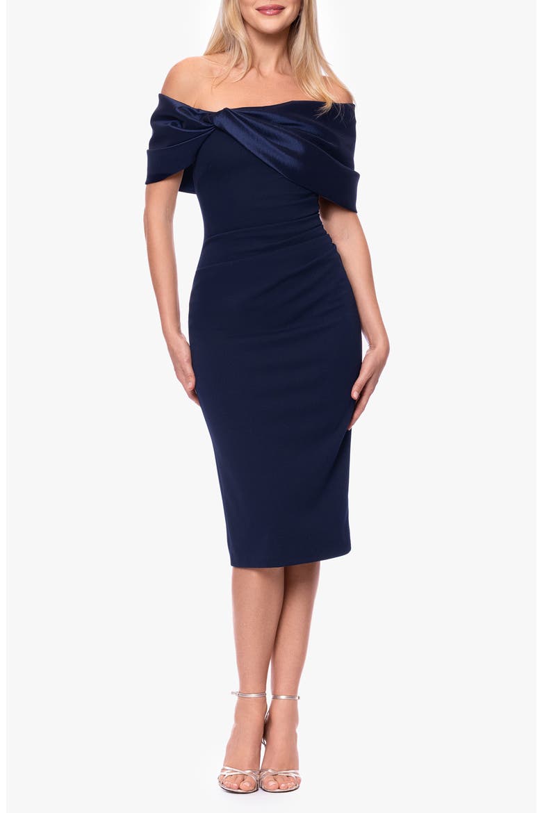 Off the Shoulder Scuba Crepe Cocktail Dress, Main, color, NAVY