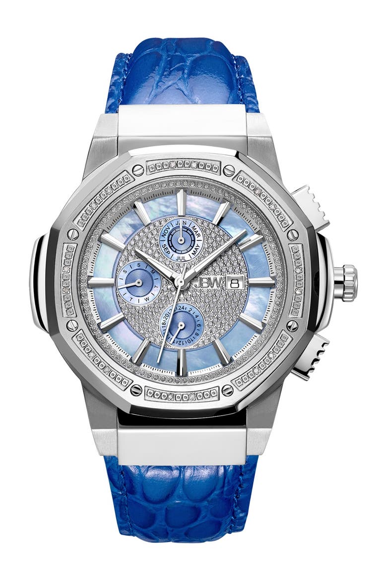 Men's Saxon Diamond Croc Embossed Leather Strap Watch, 48mm - 0.16 ctw, Main, color, SILVER