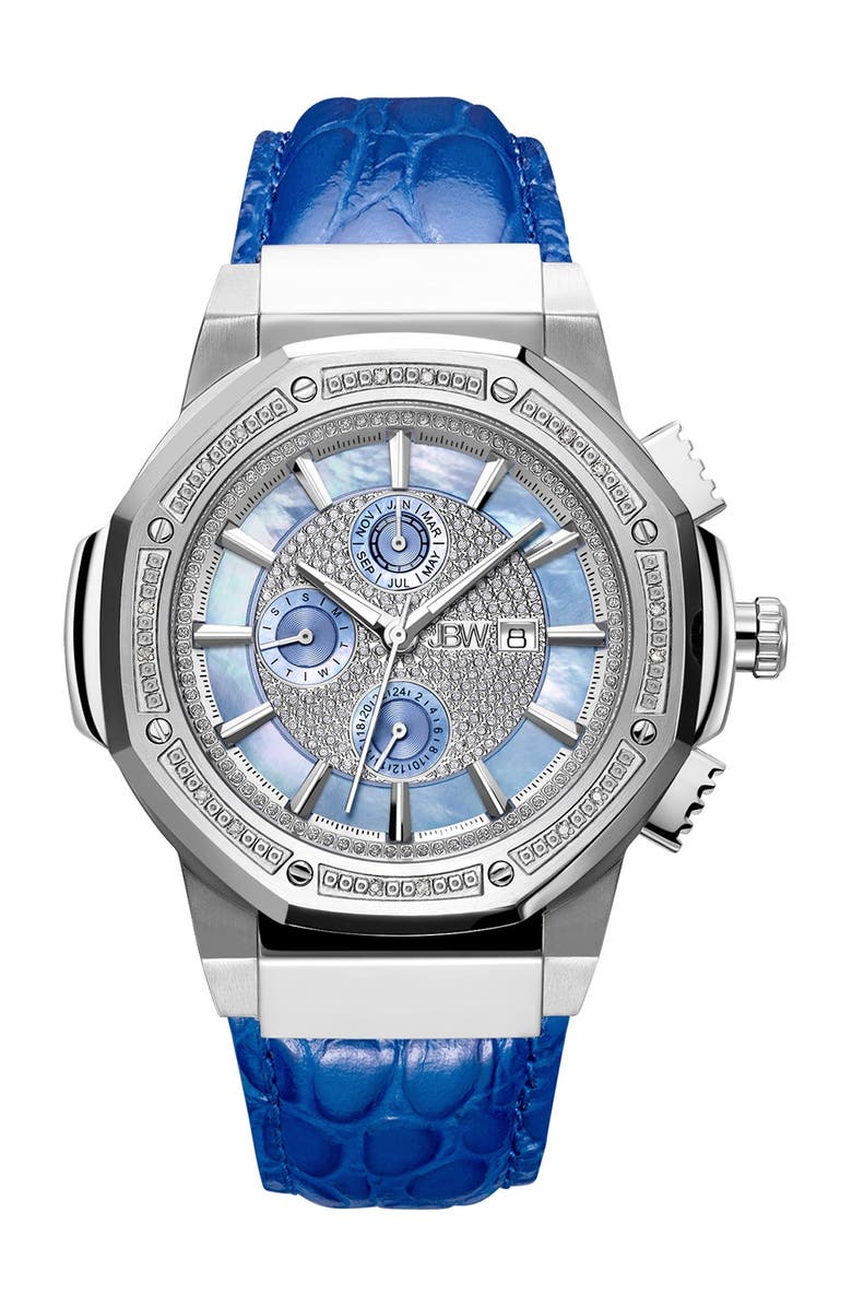 JBW Men's Saxon Diamond Croc Embossed Leather Strap Watch, 48mm - 0.16 ctw, Main, color, Silver