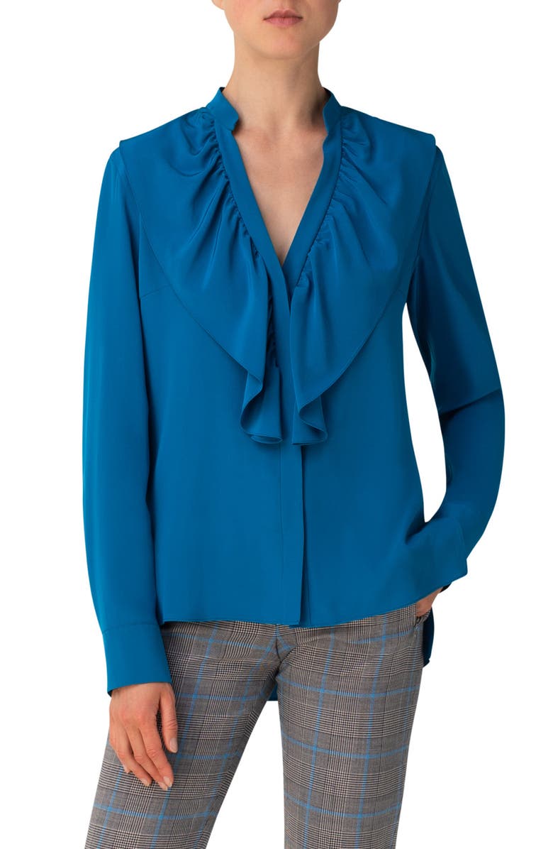 Akris punto Ruffle V-Neck Silk Blouse, Main, color,