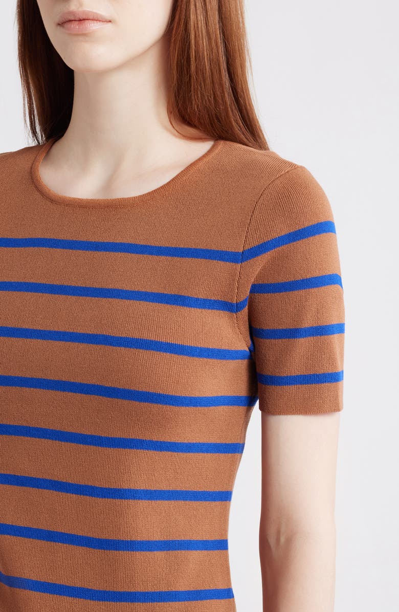 Tahari ASL Stripe Short Sleeve Sweater, Alternate, color, Camel New Royal