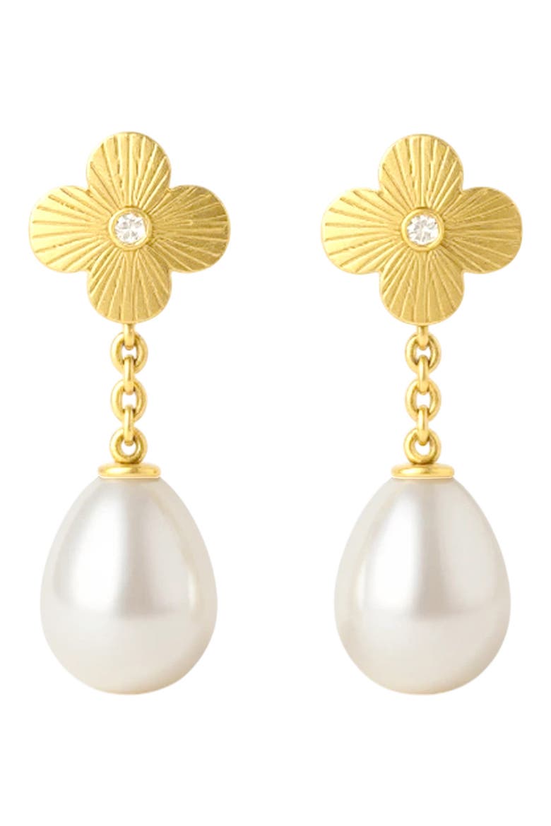 Cubic Zirconia & Faux Pearl Drop Clover Earrings, Main, color, GOLD