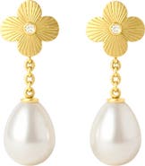 GABI RIELLE Cubic Zirconia & Faux Pearl Drop Clover Earrings