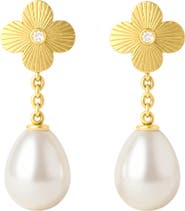 GABI RIELLE Cubic Zirconia & Faux Pearl Drop Clover Earrings
