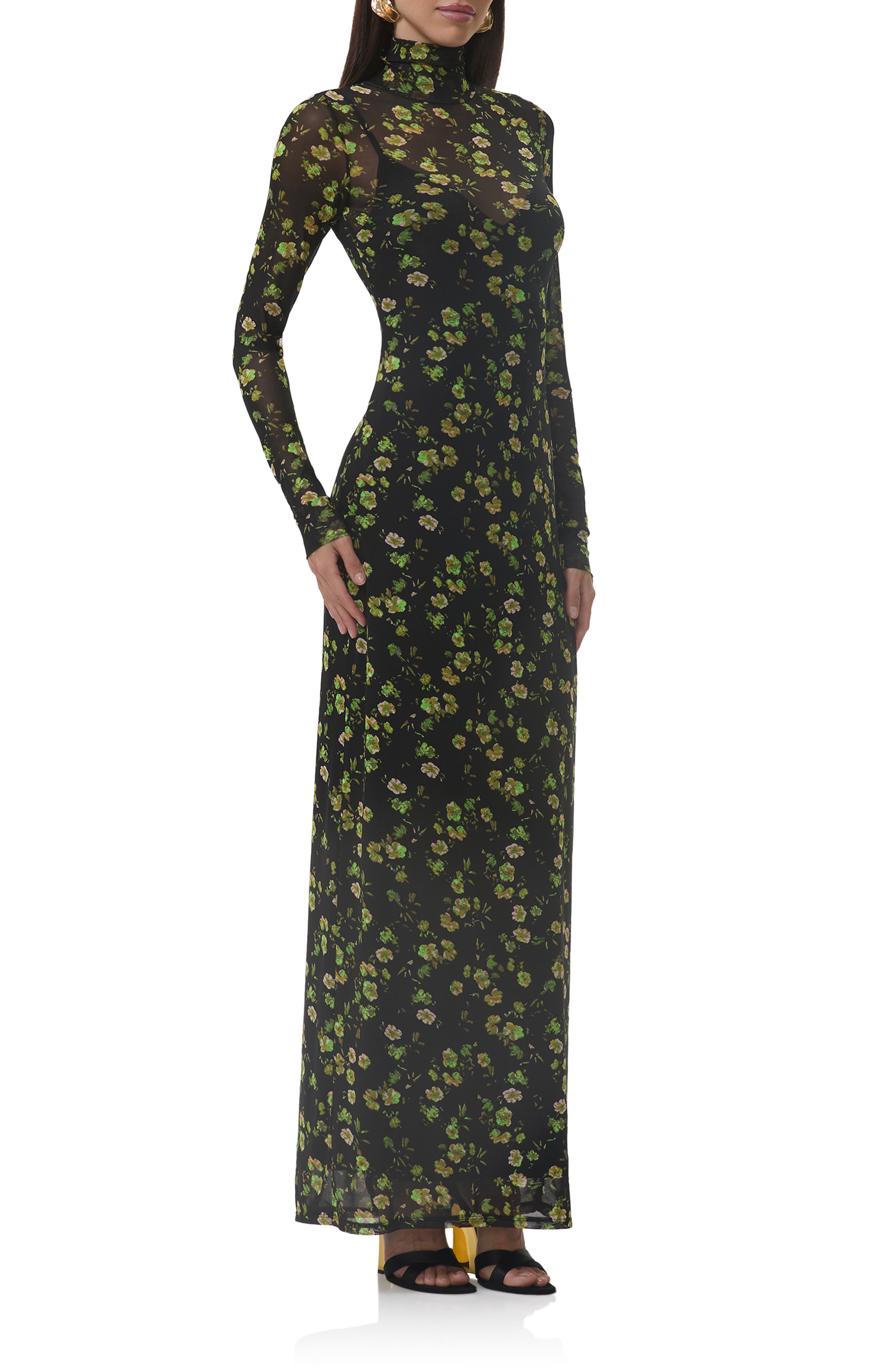 banana republic mesh long-sleeve maxi dress black floral botanical Long Sleeve Maxi Dress