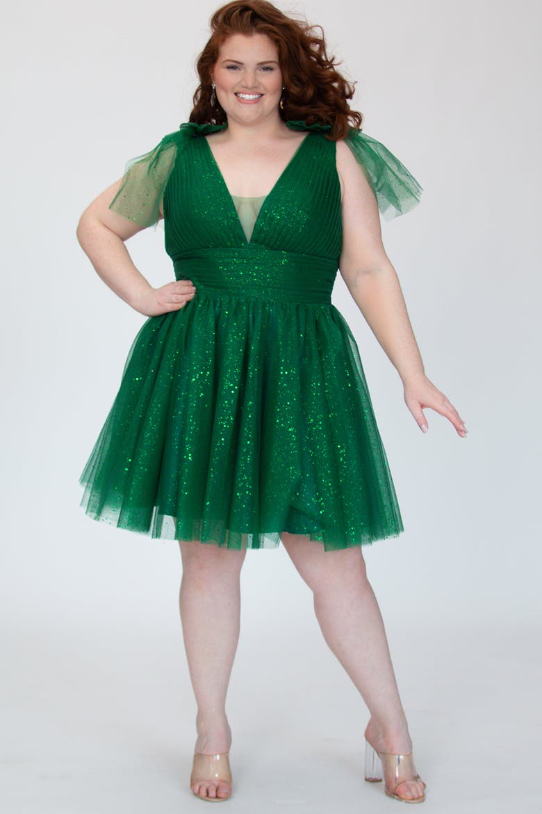 Sparkle Tulle Curvy Cocktail Party Dress with Bows, Alternate, color, Shamrock