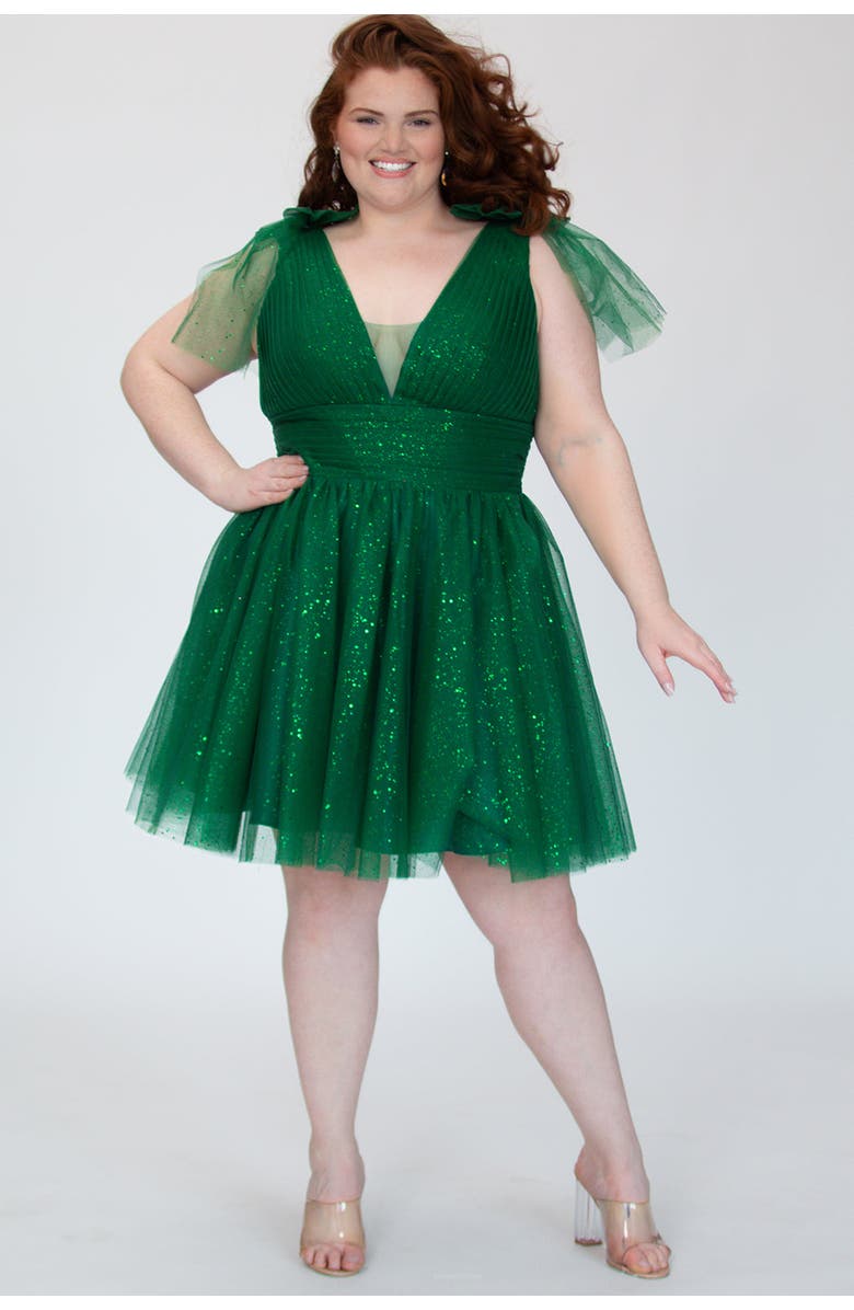 Sydney's Closet Sparkle Tulle Curvy Cocktail Party Dress with Bows, Alternate, color, Shamrock