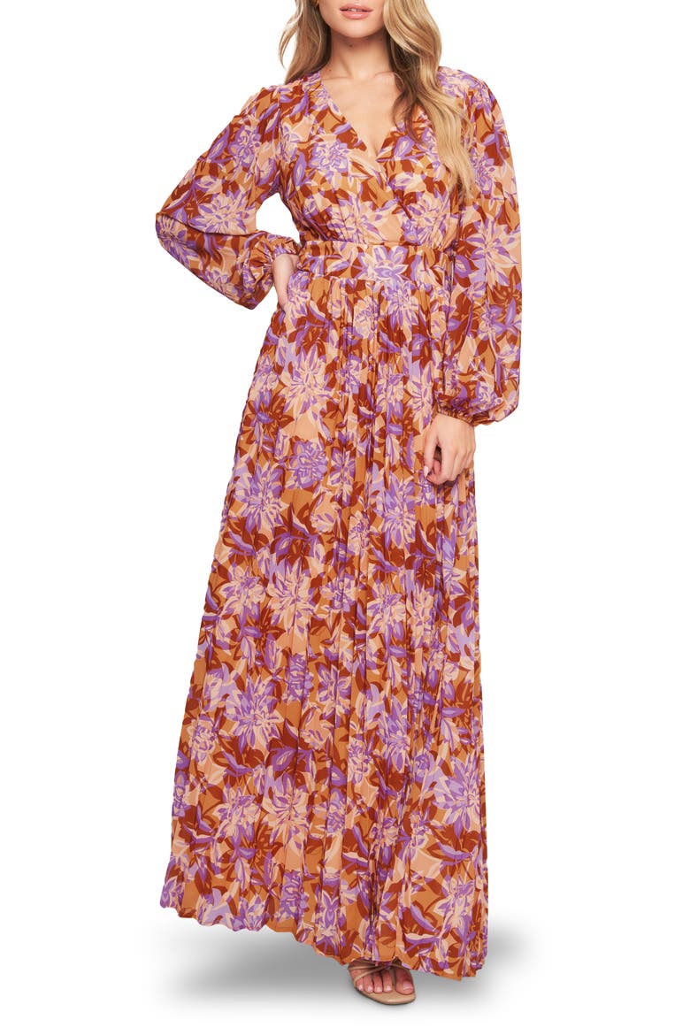 Print Long Sleeve Maxi Dress, Main, color, TAUPE LAVENDER