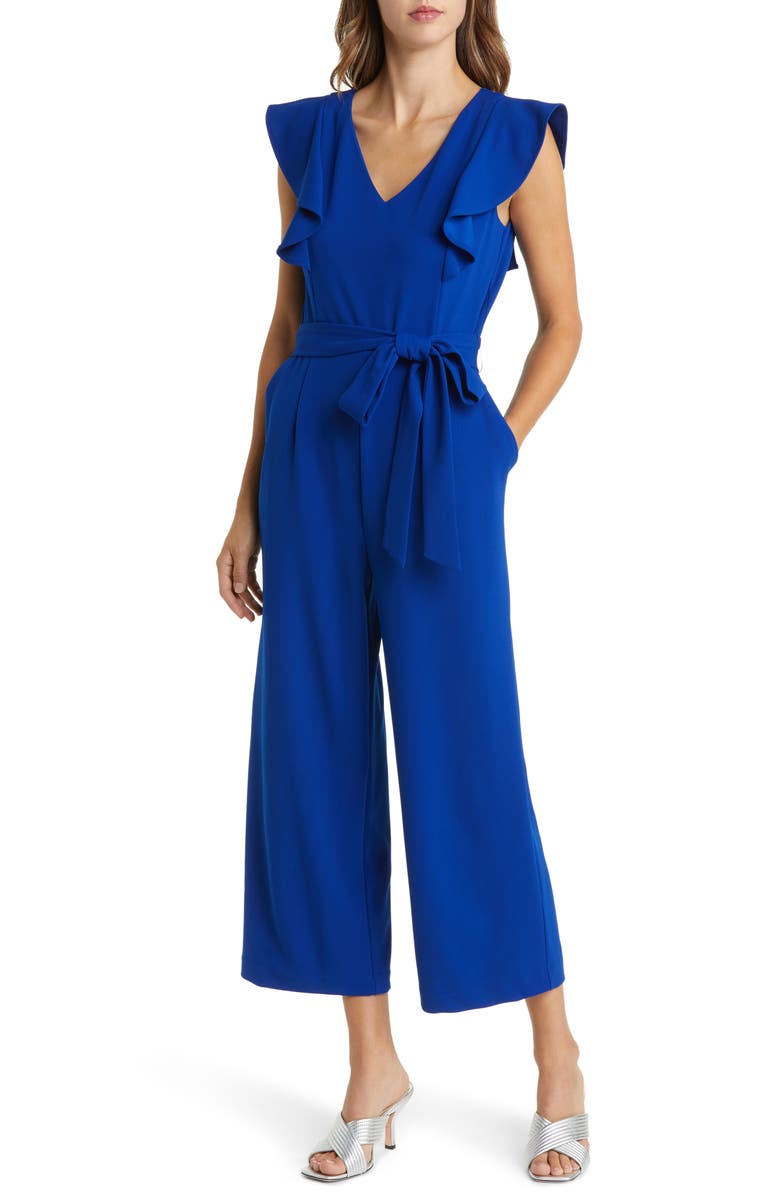 Tahari ASL Flutter Sleeve Wide Leg Jumpsuit, Main, color, Cobalt