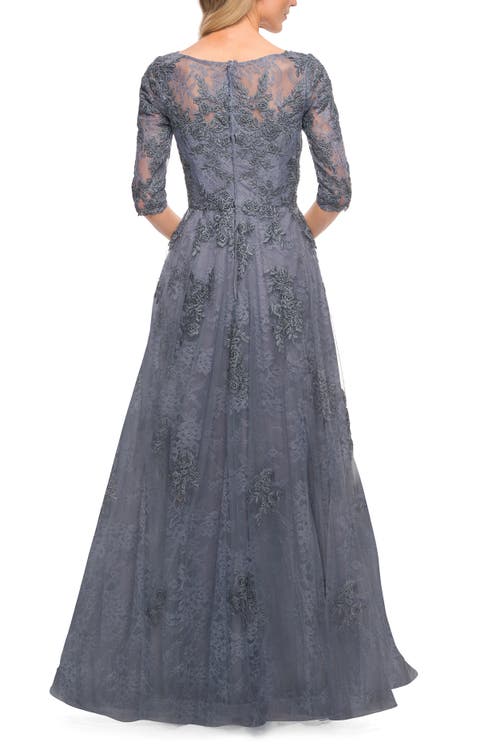 La Femme Lace And Tulle A-line Gown With Three Quarter Sleeves In Slate