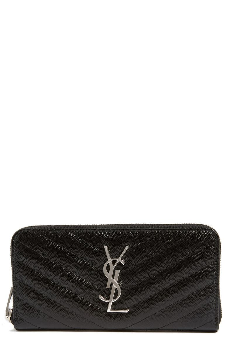 Saint Laurent 'Monogram' Zip Around Quilted Calfskin Leather Wallet, Main, color,