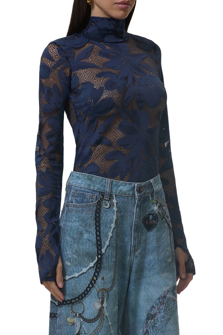 Zadie Turtleneck Sheer Lace Top, Alternate, color, BLACK IRIS