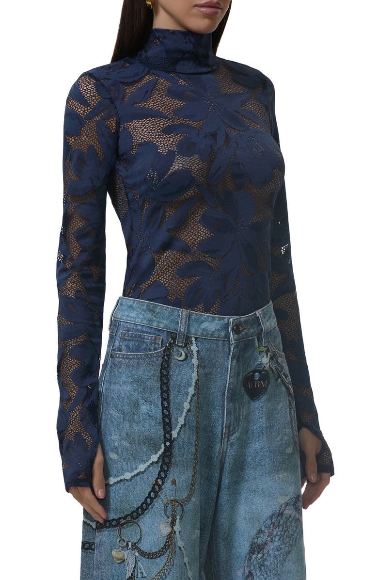 AFRM Zadie Turtleneck Sheer Lace Top, Alternate, color, Black Iris