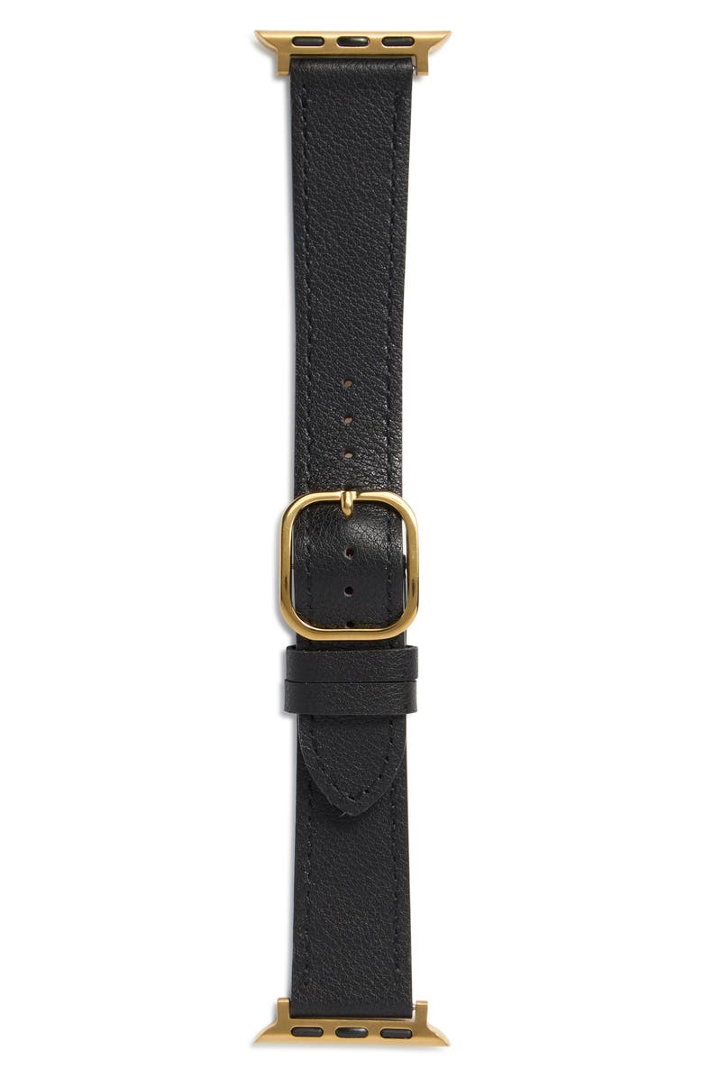 NORDSTROM RACK Leather Apple Watch<sup>®</sup> Watchband, Main, color, Black- Gold