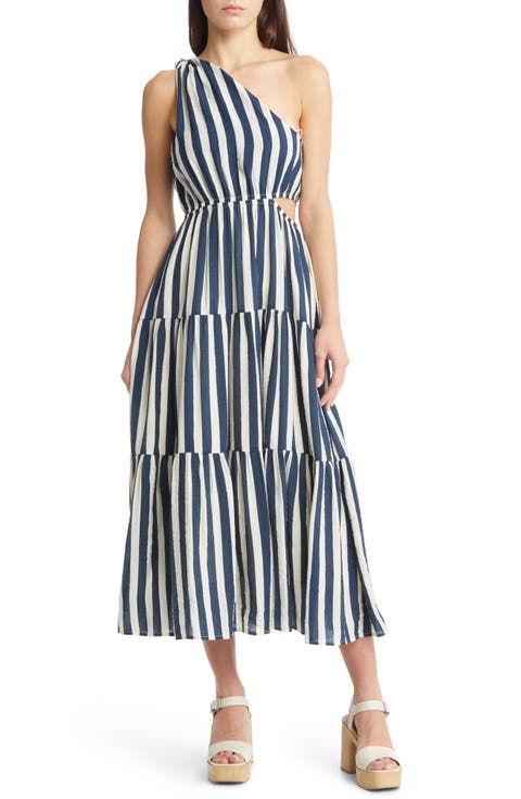 Stripe One-Shoulder Cutout Midi Dress