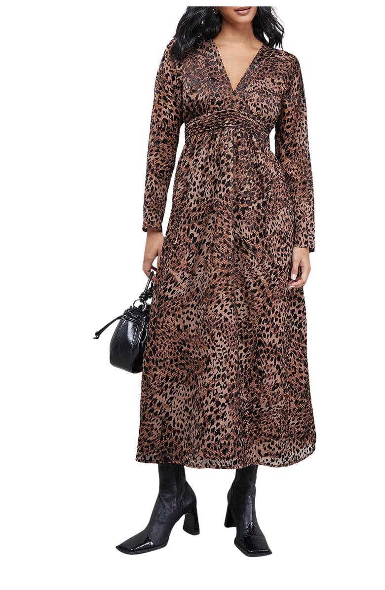 Warehouse Plunge Neck Waisted Midi Dress, Alternate, color, Animal