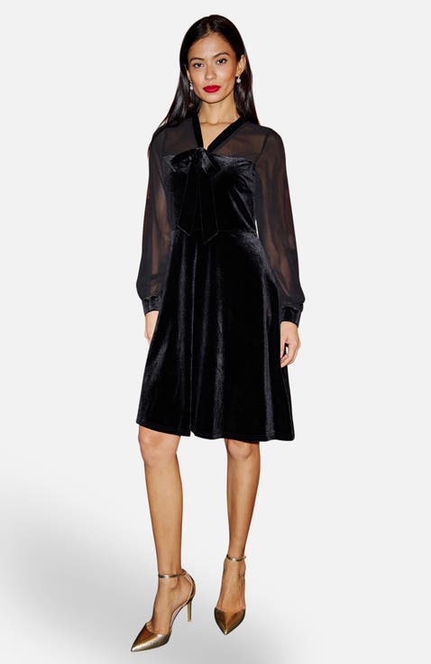 Velvet  Sheer Sleeves Skater Dress