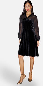 Yumi Velvet Sheer Sleeves Skater Dress