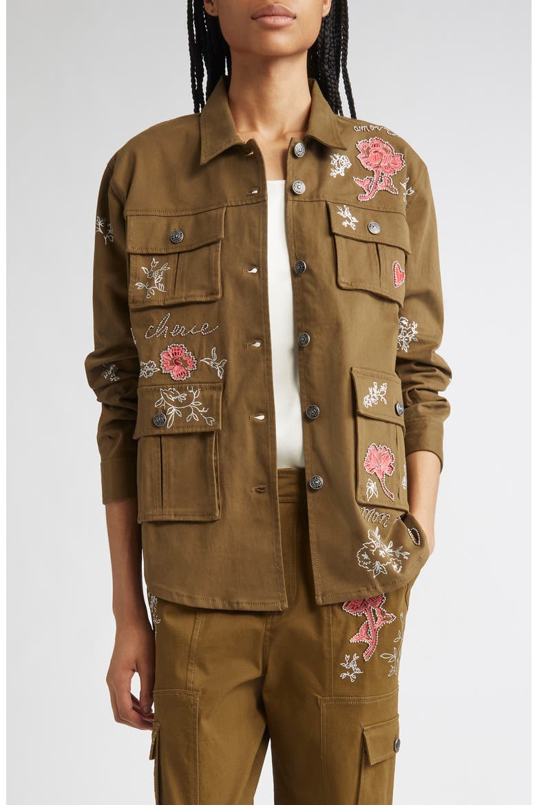 Desert Rose Vera Embroidered Utility Jacket, Main, color, DARK OLIVE/ MULTI