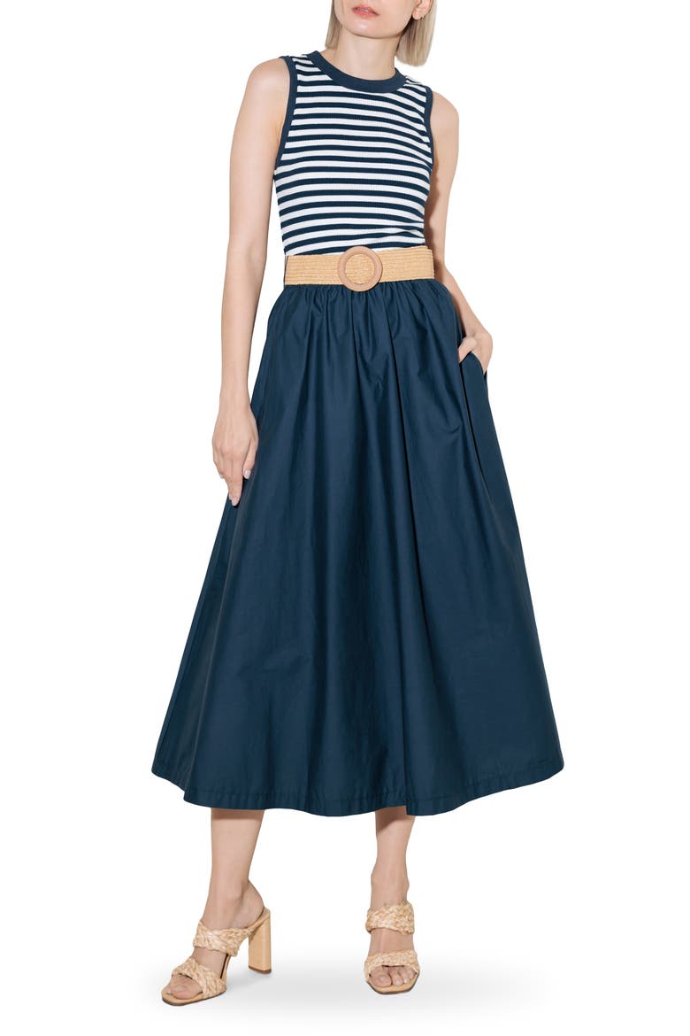 Belted Mixed Media Midi Dress, Main, color, NAVY MIX