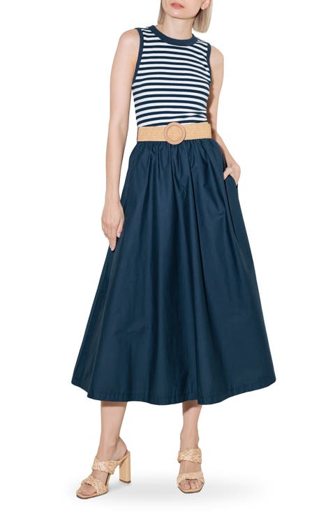 Belted Mixed Media Midi Dress