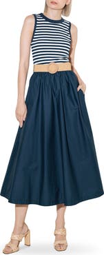FREEMARKET Belted Mixed Media Midi Dress