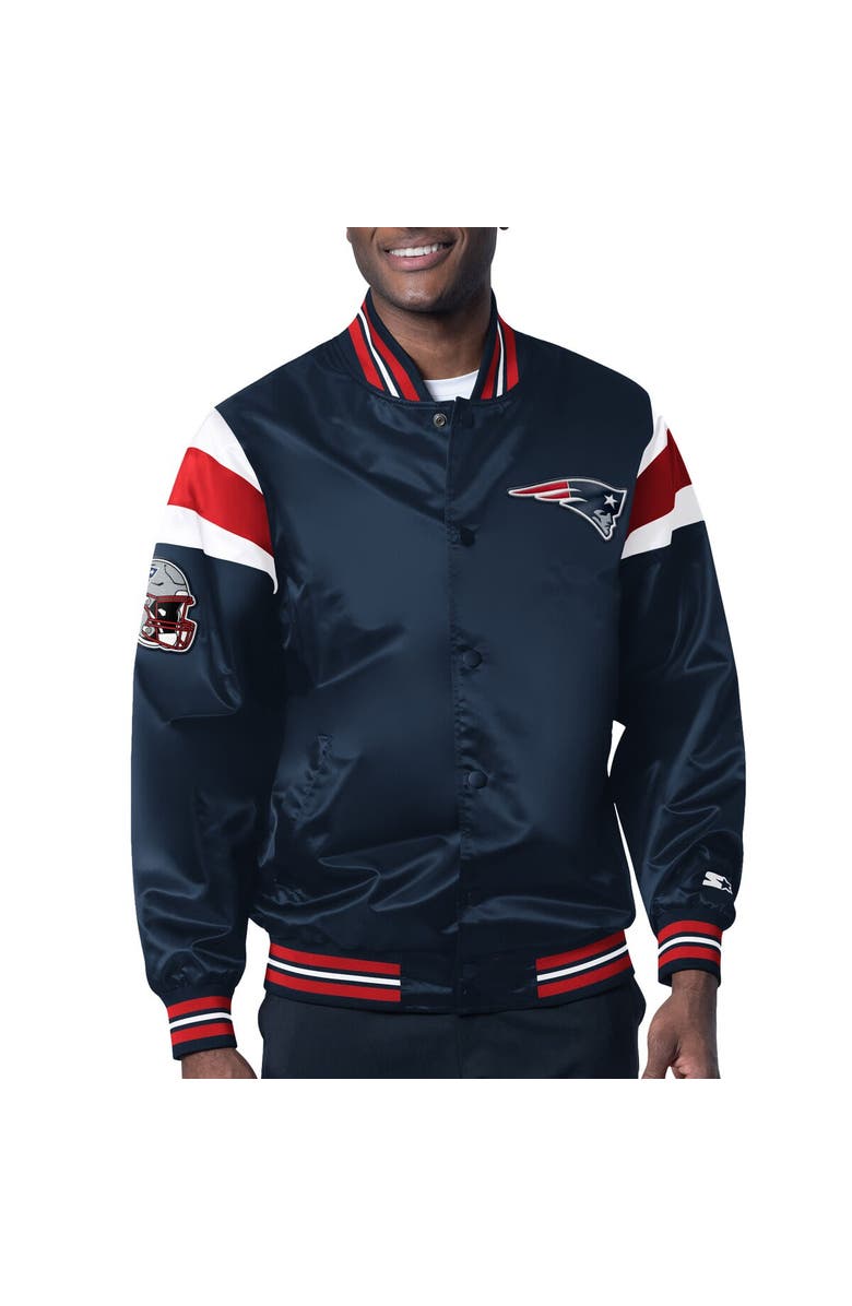 STARTER Men's Starter Navy New England Patriots Satin Full-Snap Varsity Jacket, Main, color, 