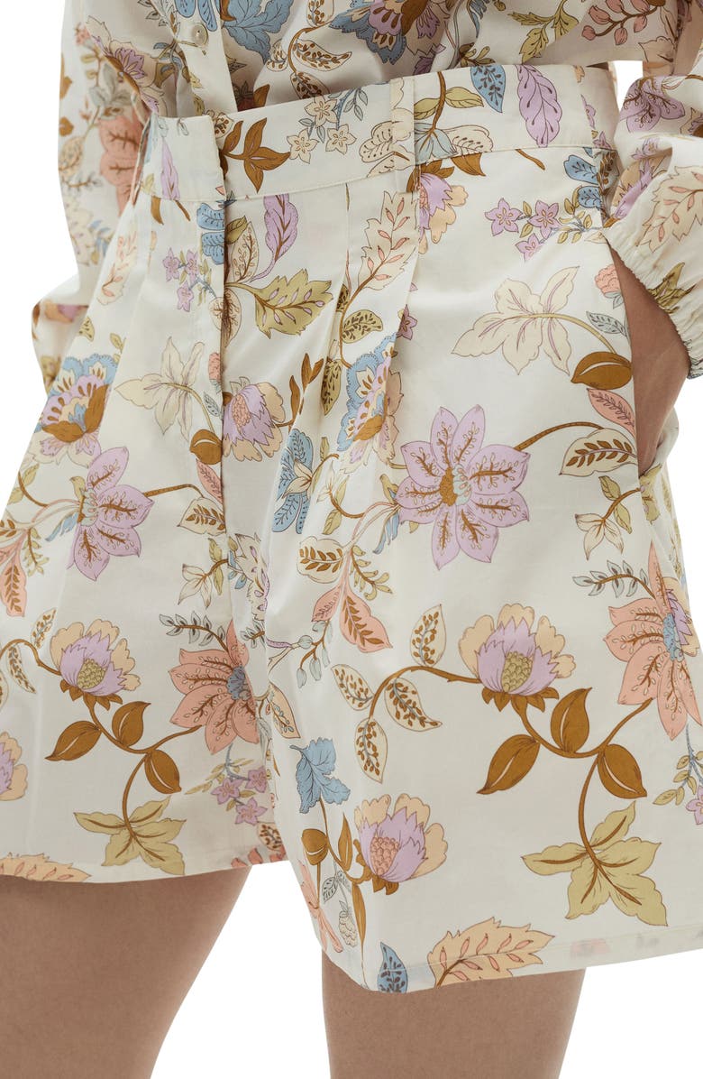 MANGO Floral Pleat Shorts, Main, color, Ecru