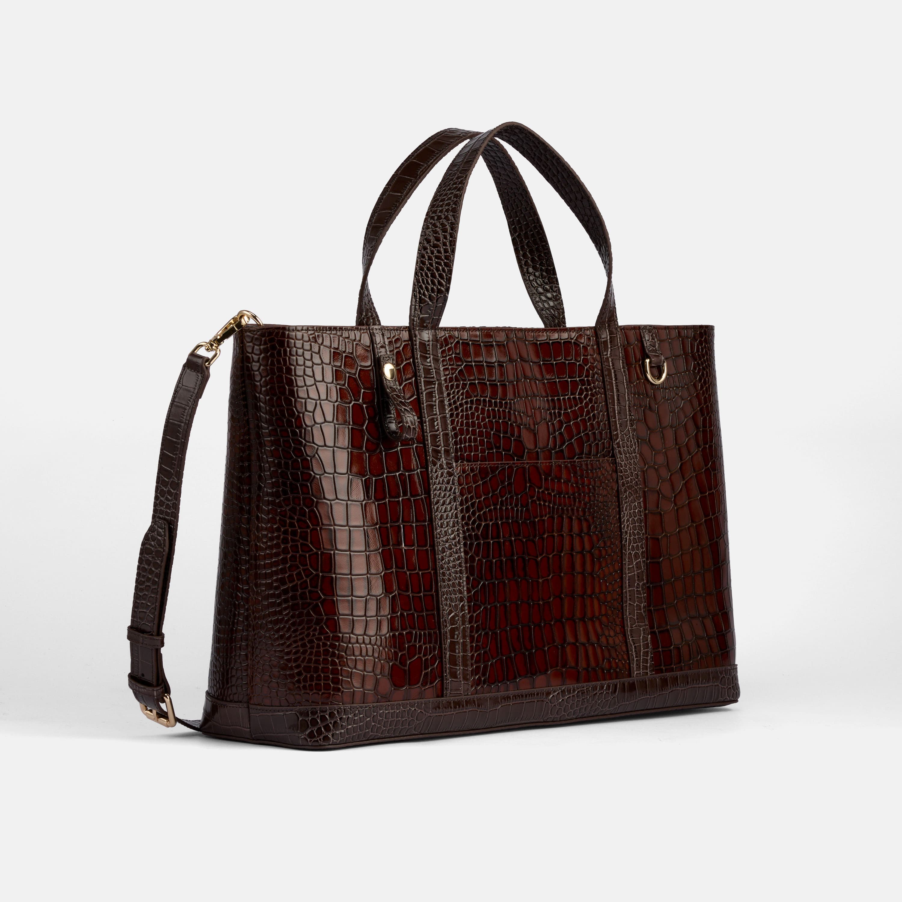 Croc-embossed Leather Tote, Alternate, color, Brown Crocskin