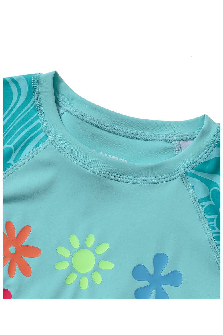 Girls Long Sleeve Mock Neck UPF 50 Swim Rash Guard, Alternate, color, Fun In The Sun/Aruba Blue